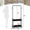 Heavy-duty laundry cart with hanging rod, two storage baskets, and dimensions shown for bedroom or laundry room use.
