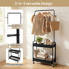 Heavy-duty laundry cart in black with hanging rod, 2 storage baskets, and wheels for easy movement in bedrooms.