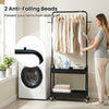 Heavy-duty black laundry cart with hanging rod, 2 storage baskets, and anti-falling beads for secure organization.