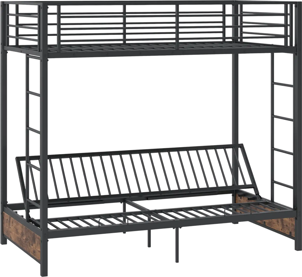 Heavy duty metal bunk bed frame in rustic brown with headboard and footboard, ideal for space-saving solutions.