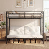 Heavy duty metal bunk bed frame in rustic brown with headboard and footboard, featuring a cozy sofa underneath.