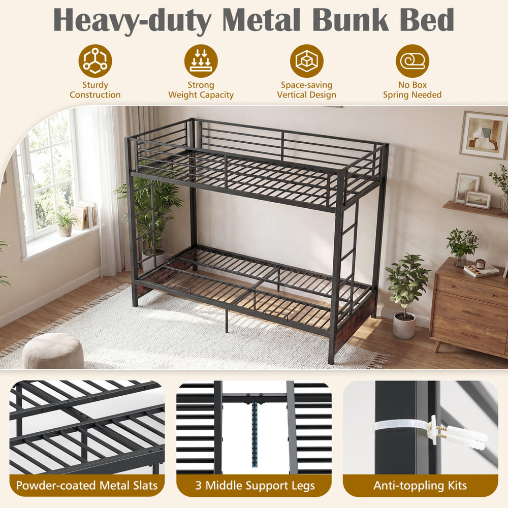 Heavy-duty metal bunk bed frame in rustic brown with headboard, footboard, and sturdy support legs for space-saving.