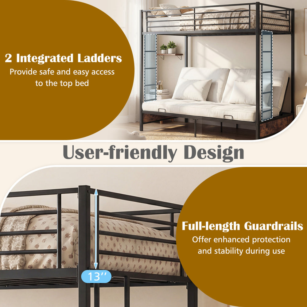 Heavy duty metal bunk bed frame in rustic brown, highlighting integrated ladders and full-length guardrails for safety.