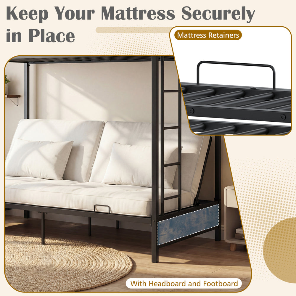 Heavy duty metal bunk bed frame in rustic brown with headboard and footboard, featuring mattress retainers for.