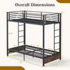 Heavy duty metal bunk bed frame with rustic brown footboard, showcasing overall dimensions and design details.