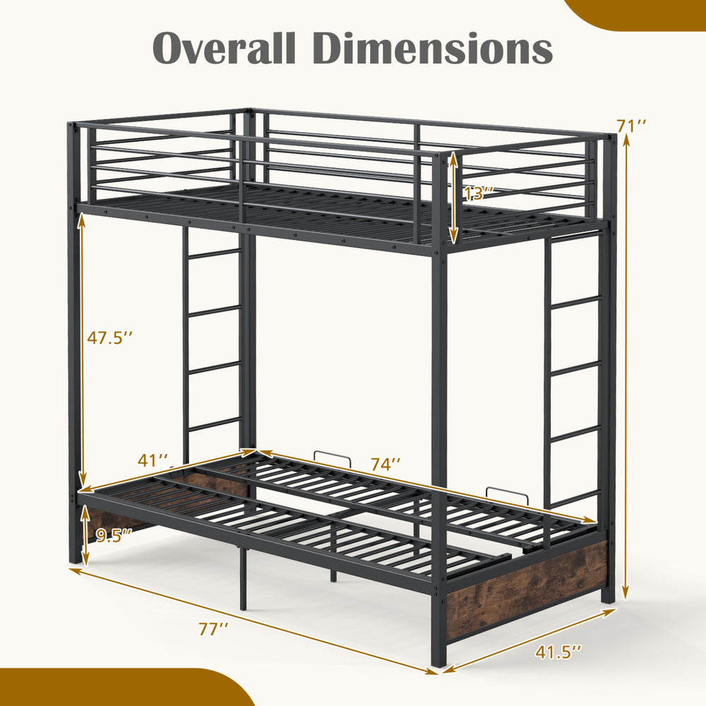 Heavy duty metal bunk bed frame with rustic brown footboard, showcasing overall dimensions and design details.