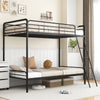 Twin size heavy-duty metal bunk bed in black with ladder and safety guardrails, ideal for youth hotels or dorms.