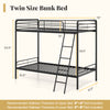 Twin size heavy-duty metal bunk bed in black with ladder, safety guardrails, and integrated headboard for space-saving.