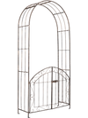 Heavy-duty metal garden arch in bronze with gate, showcasing a classic arched design and decorative pattern details.