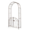 Heavy-duty metal garden arch with gate, bronze finish, designed for climbing plants and outdoor events.