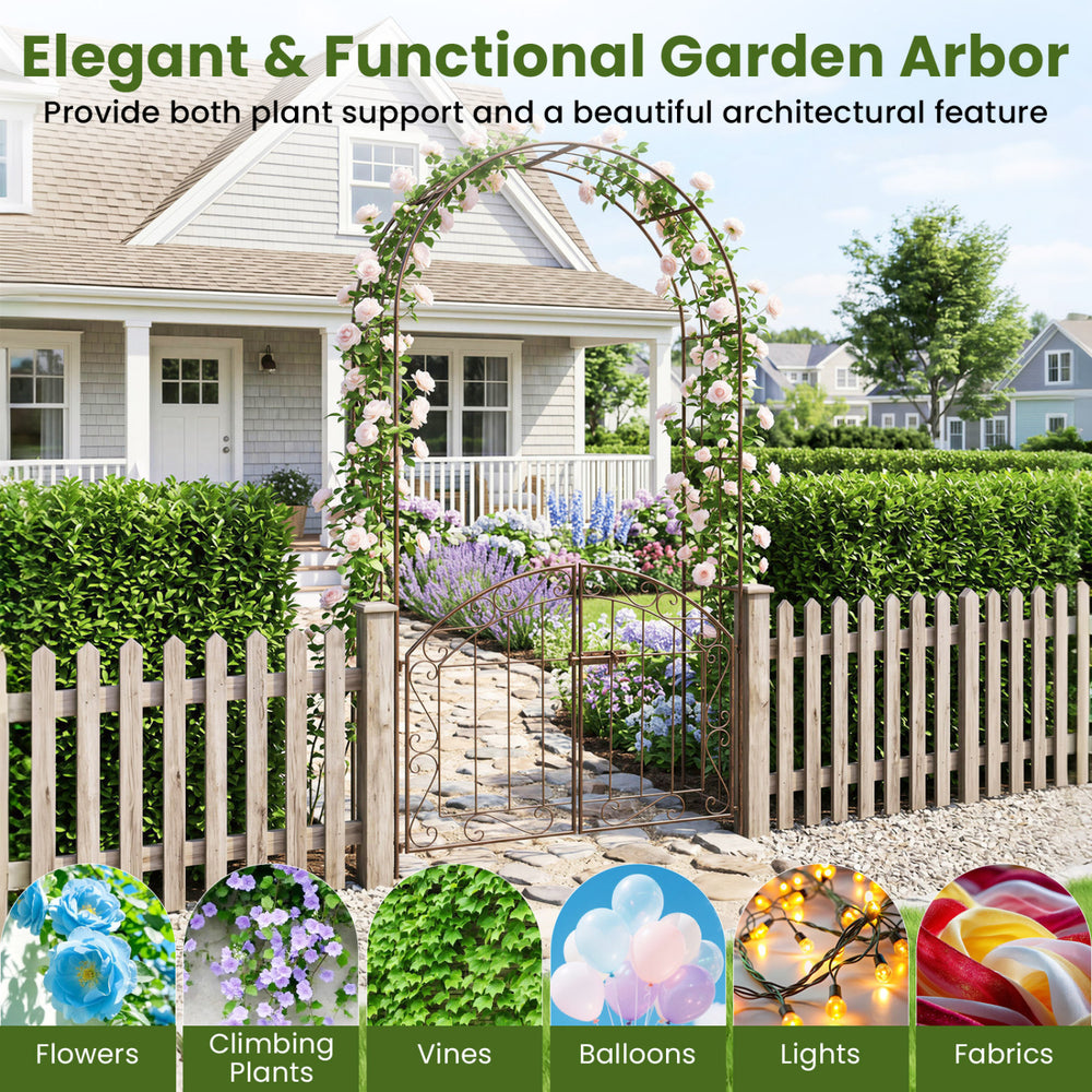 Heavy-duty bronze metal garden arch with gate, designed for climbing plants and outdoor events, featuring a classic.