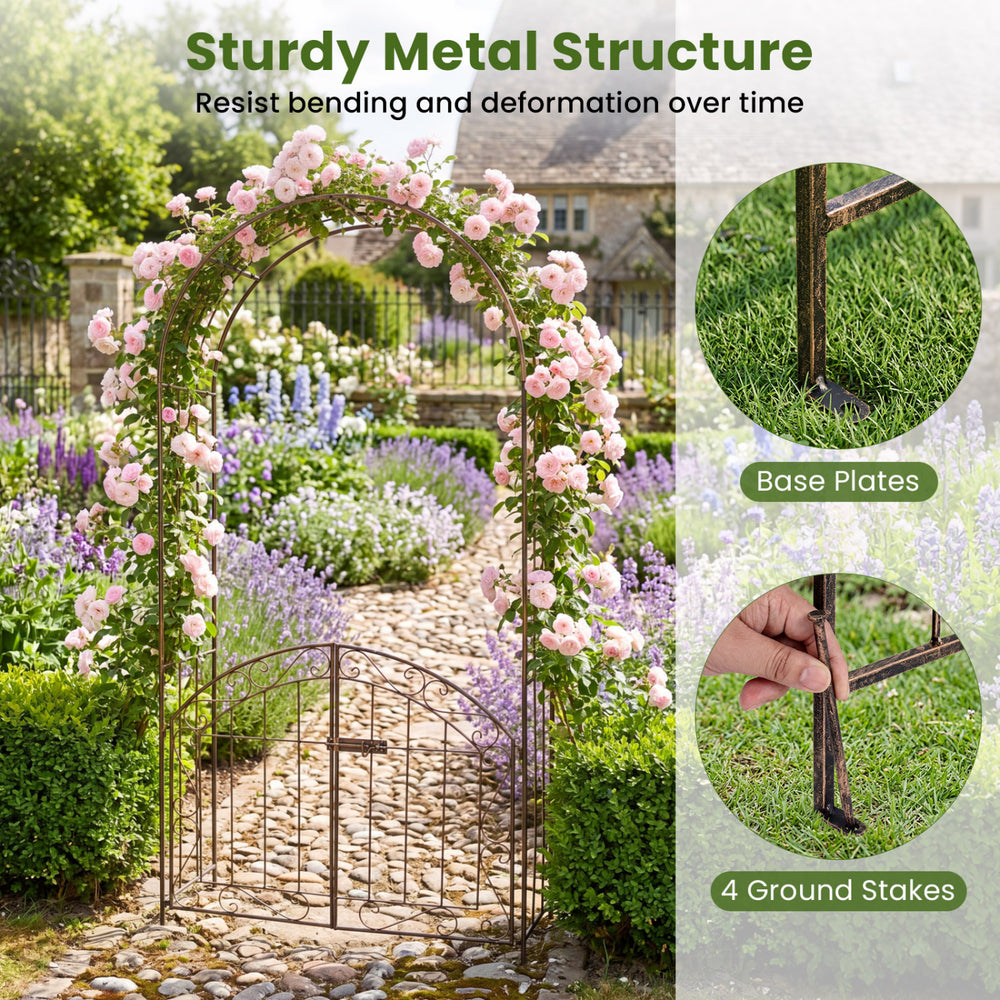 Heavy-duty bronze metal garden arch with gate, featuring a classic design and trellis for climbing plants, ideal for.