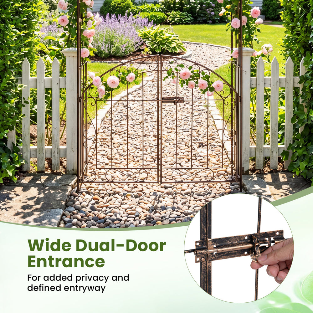 Heavy-duty metal garden arch with dual-door gate, bronze finish, ideal for supporting climbing plants and enhancing.