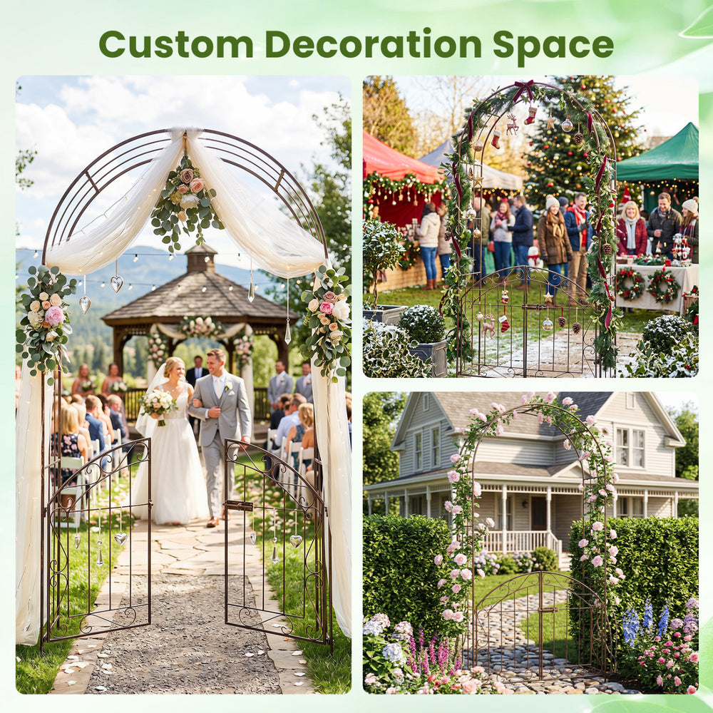 Heavy-duty bronze metal garden arch with gate, perfect for weddings and outdoor events, featuring a classic design and.