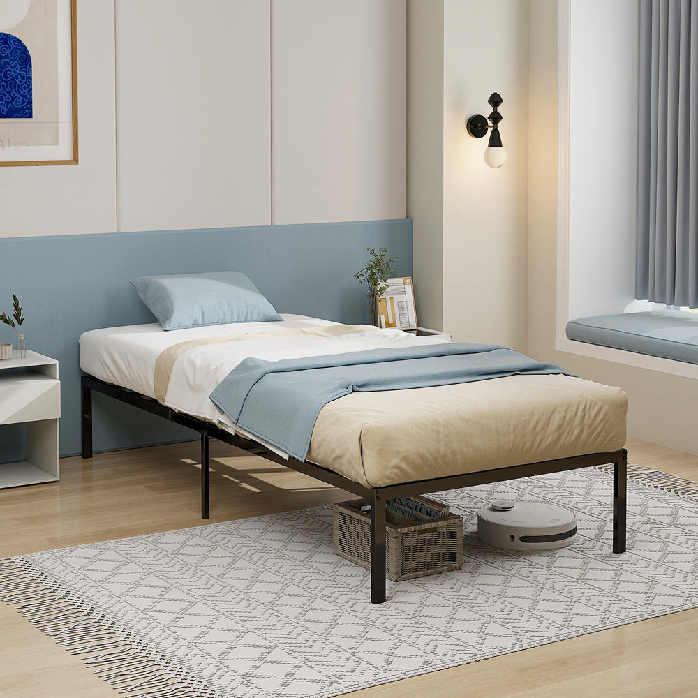14-inch heavy-duty metal platform bed frame with sturdy iron construction and spacious under-bed storage for a tidy.