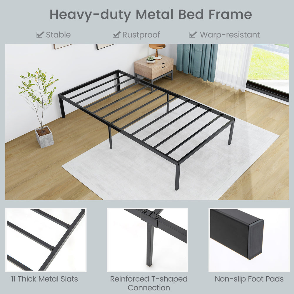 Heavy-duty metal bed frame with 11 thick slats, rustproof design, and spacious under-bed storage for a tidy bedroom.