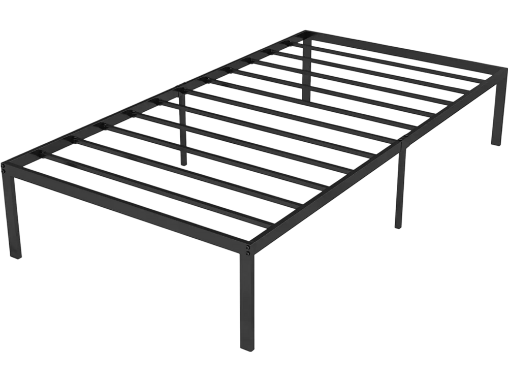 Heavy-duty metal platform bed frame with sturdy iron construction, designed for mattress support without a box spring.