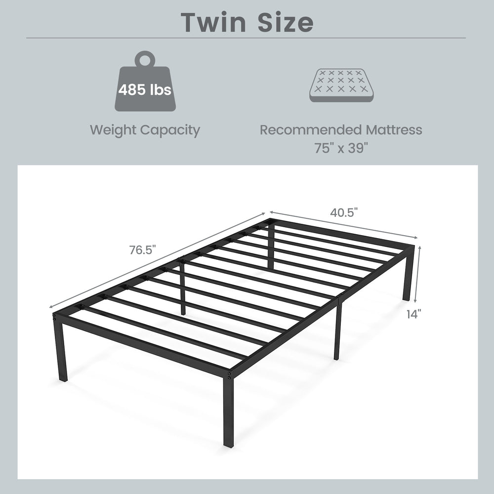 Twin size 14-inch heavy-duty metal platform bed frame with sturdy iron construction and 485 lbs weight capacity.