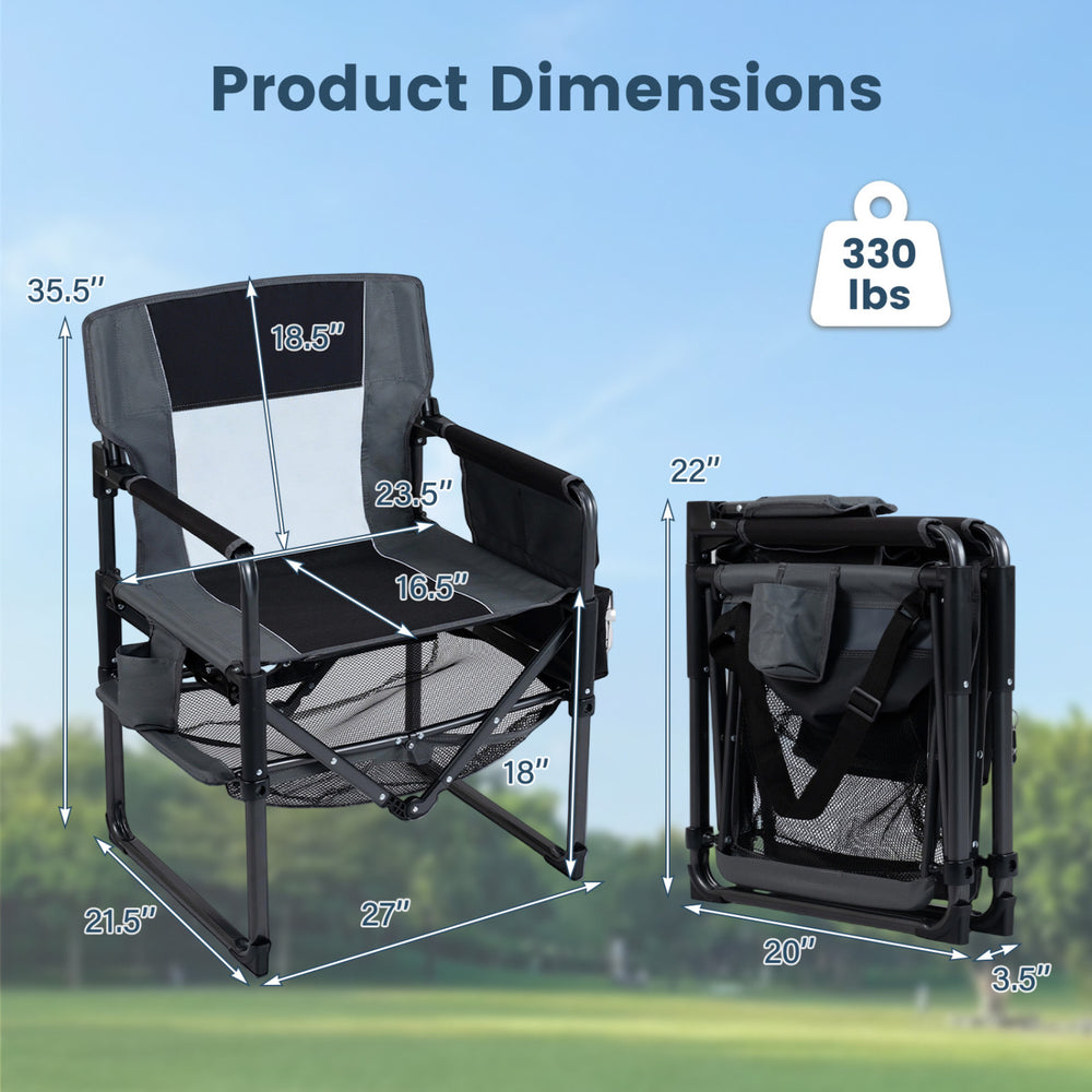 Heavy-duty outdoor camping chair dimensions, featuring a black metal frame, cup holder, and foldable design for easy.
