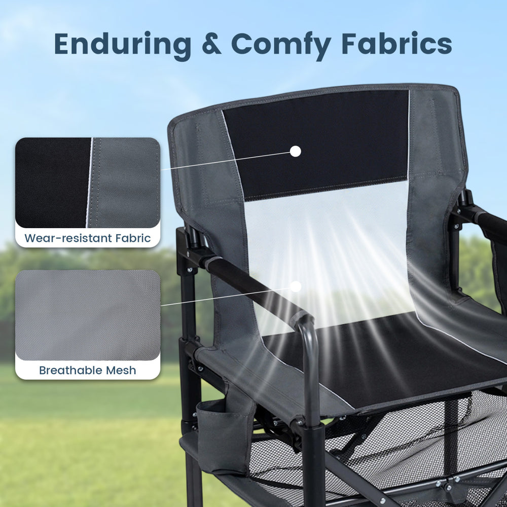 Close-up of the heavy-duty outdoor camping chair showcasing wear-resistant fabric and breathable mesh for comfort.
