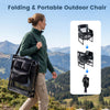Folding outdoor camping chair in black with cup holder and bottle opener, ideal for hiking and picnics.
