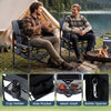 Heavy-duty black camping chair with cup holder, side pocket, and mesh shelf, perfect for outdoor relaxation.