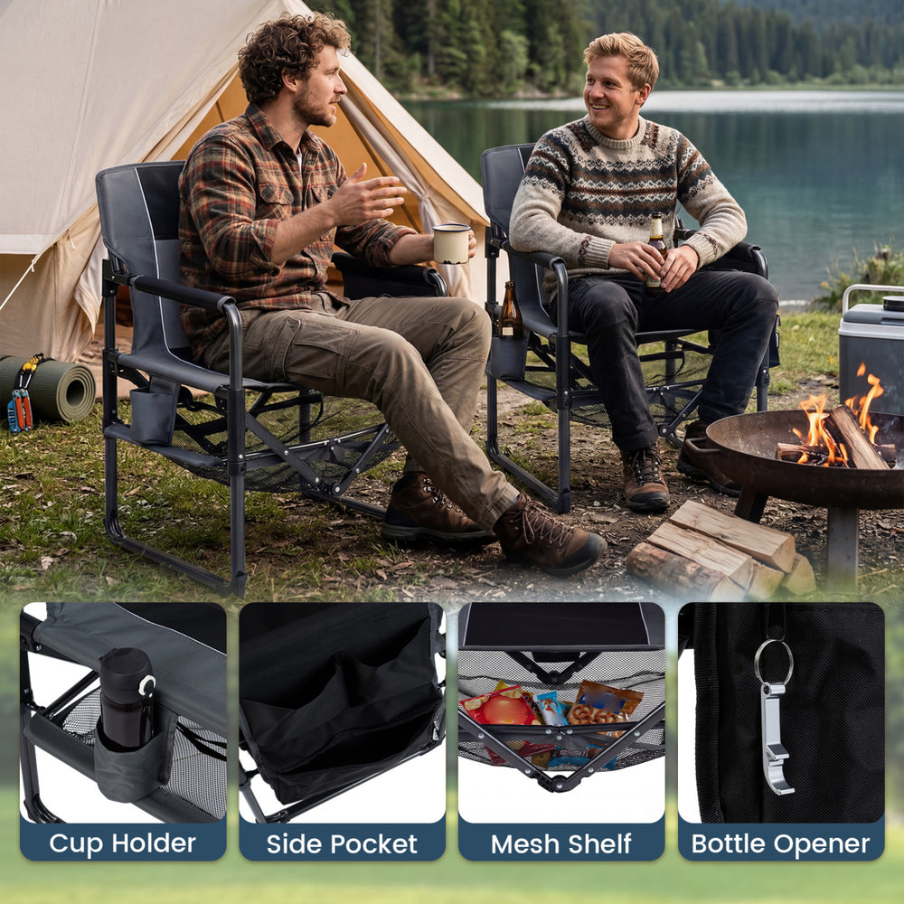 Heavy-duty black camping chair with cup holder, side pocket, and mesh shelf, perfect for outdoor relaxation.