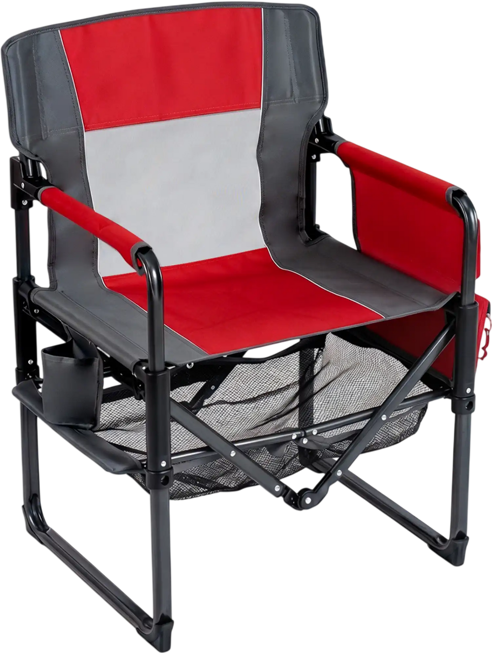 Heavy-duty red outdoor camping chair with cup holder and side pocket, designed for comfort and easy transport.
