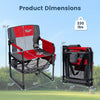 Heavy-duty outdoor camping chair in red with dimensions, cup holder, side pocket, and quick folding design for easy.