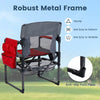 Heavy-duty outdoor camping chair in red with a robust metal frame, cup holder, and anti-slip foot pads for stability.