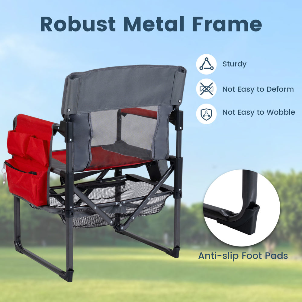 Heavy-duty outdoor camping chair in red with a robust metal frame, cup holder, and anti-slip foot pads for stability.