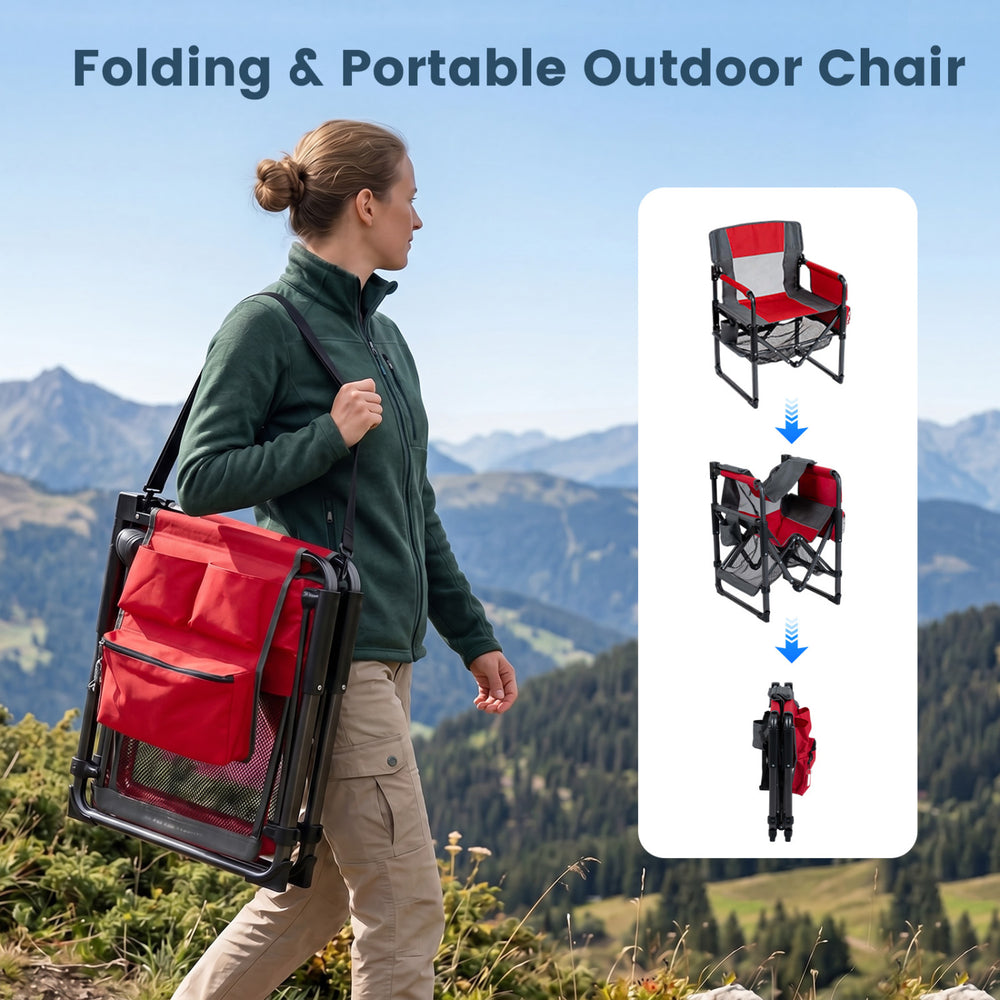 Folding heavy-duty outdoor camping chair in red with cup holder and side pocket, ideal for camping and picnics.