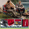 Heavy-duty red outdoor camping chair with cup holder and side pocket, perfect for camping and picnics.