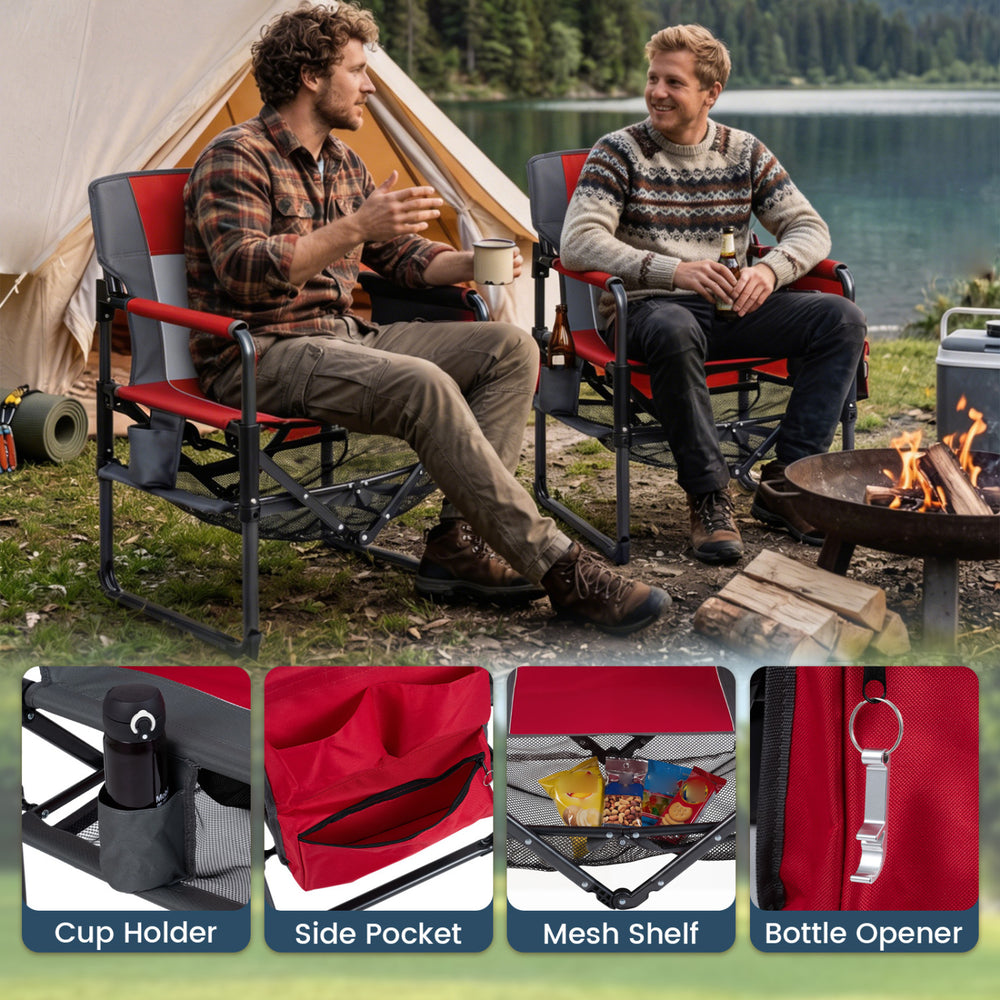 Heavy-duty red outdoor camping chair with cup holder and side pocket, perfect for camping and picnics.
