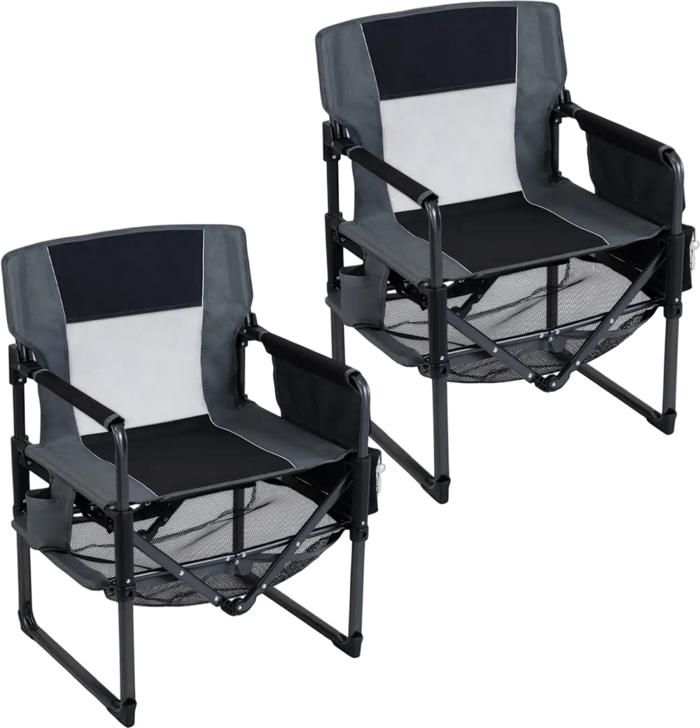 Heavy-duty outdoor camping chairs in black feature a cup holder, bottle opener, and quick folding design for easy transport.