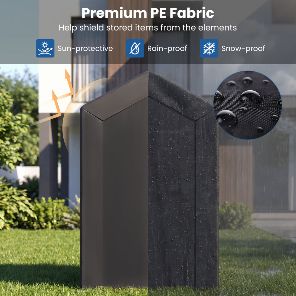 Heavy-duty portable storage shed with PE cover, showcasing rain-proof and sun-protective features for outdoor use.