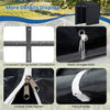 Close-up of heavy-duty portable storage shed details, featuring double-sized zippers and elastic bungee balls for.