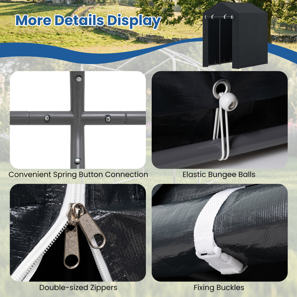 Close-up of heavy-duty portable storage shed details, featuring double-sized zippers and elastic bungee balls for.
