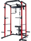 Heavy-duty power cage in red features a cable crossover system, adjustable safety bars, and leg hold-down for versatile workouts.
