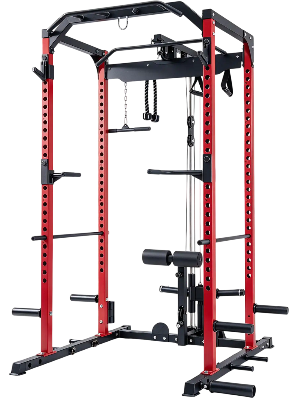 Heavy-duty power cage in red features a cable crossover system, adjustable safety bars, and leg hold-down for versatile workouts.