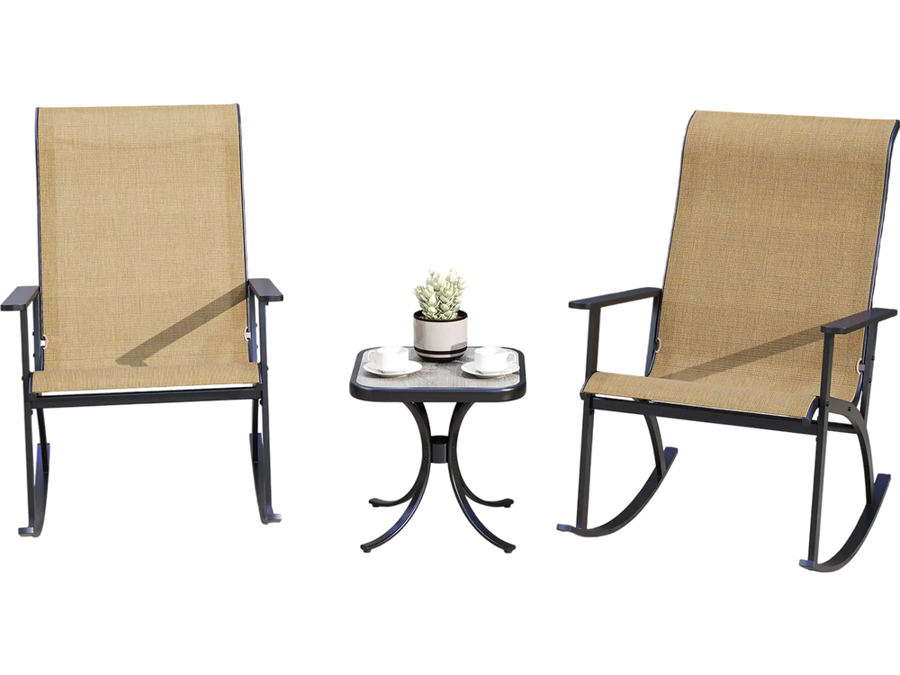 Heavy-duty rocking bistro chairs with high backrest and wood-plastic tabletop, perfect for backyard relaxation.