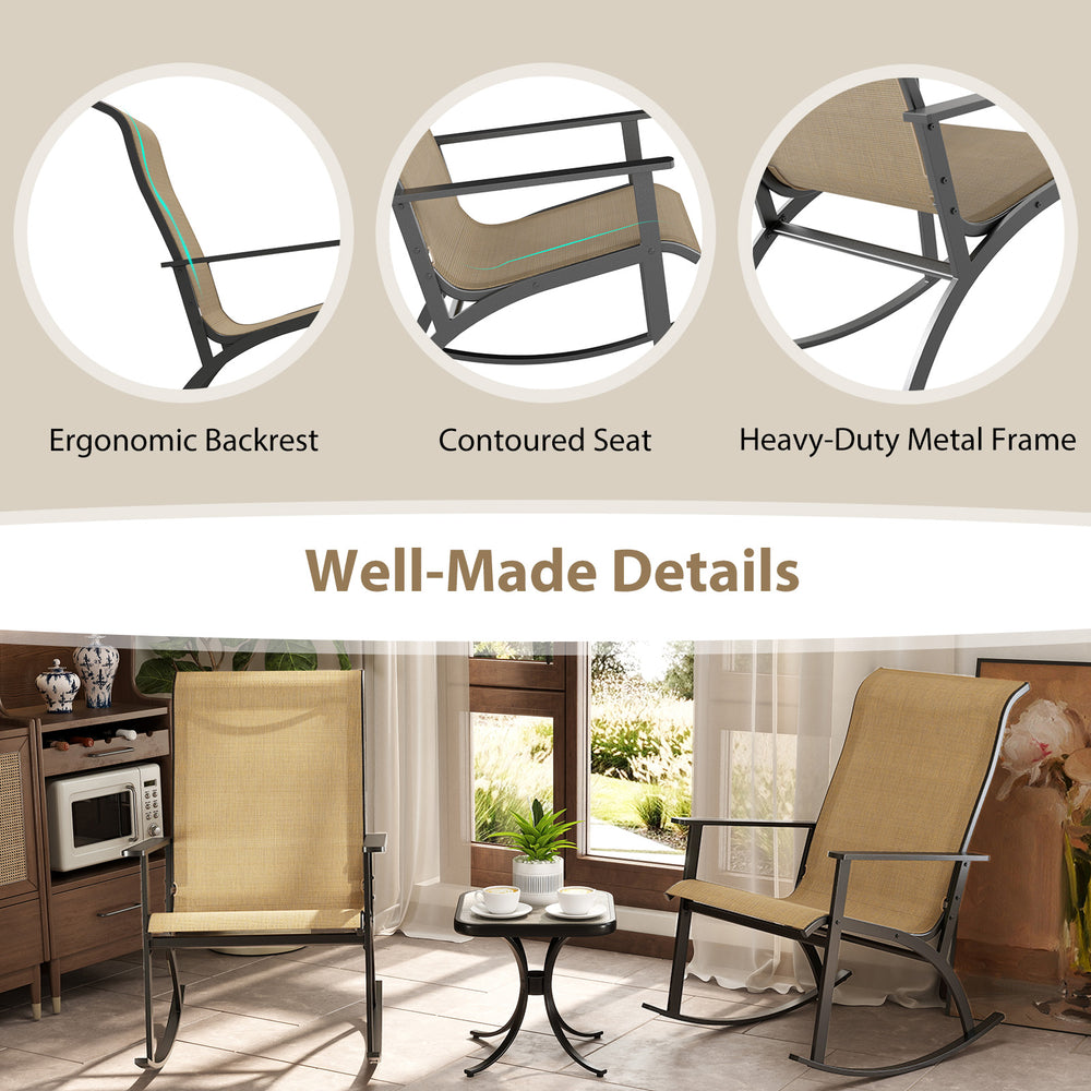 Heavy-duty rocking bistro chairs with ergonomic backrest and wood-plastic tabletop, perfect for backyard relaxation.