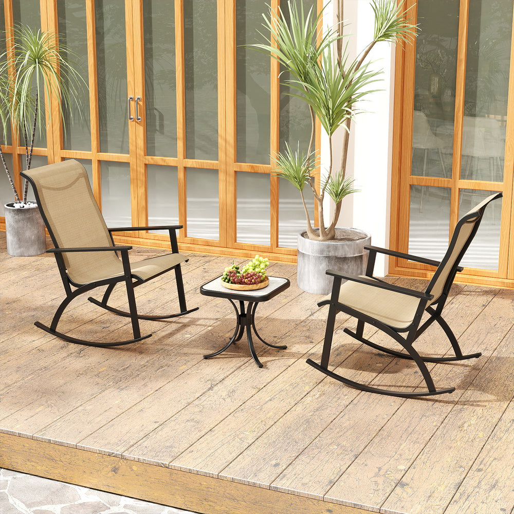 Rocking bistro chair set with anti-slip pads and reinforced metal frame, ideal for a cozy balcony or porch setup.