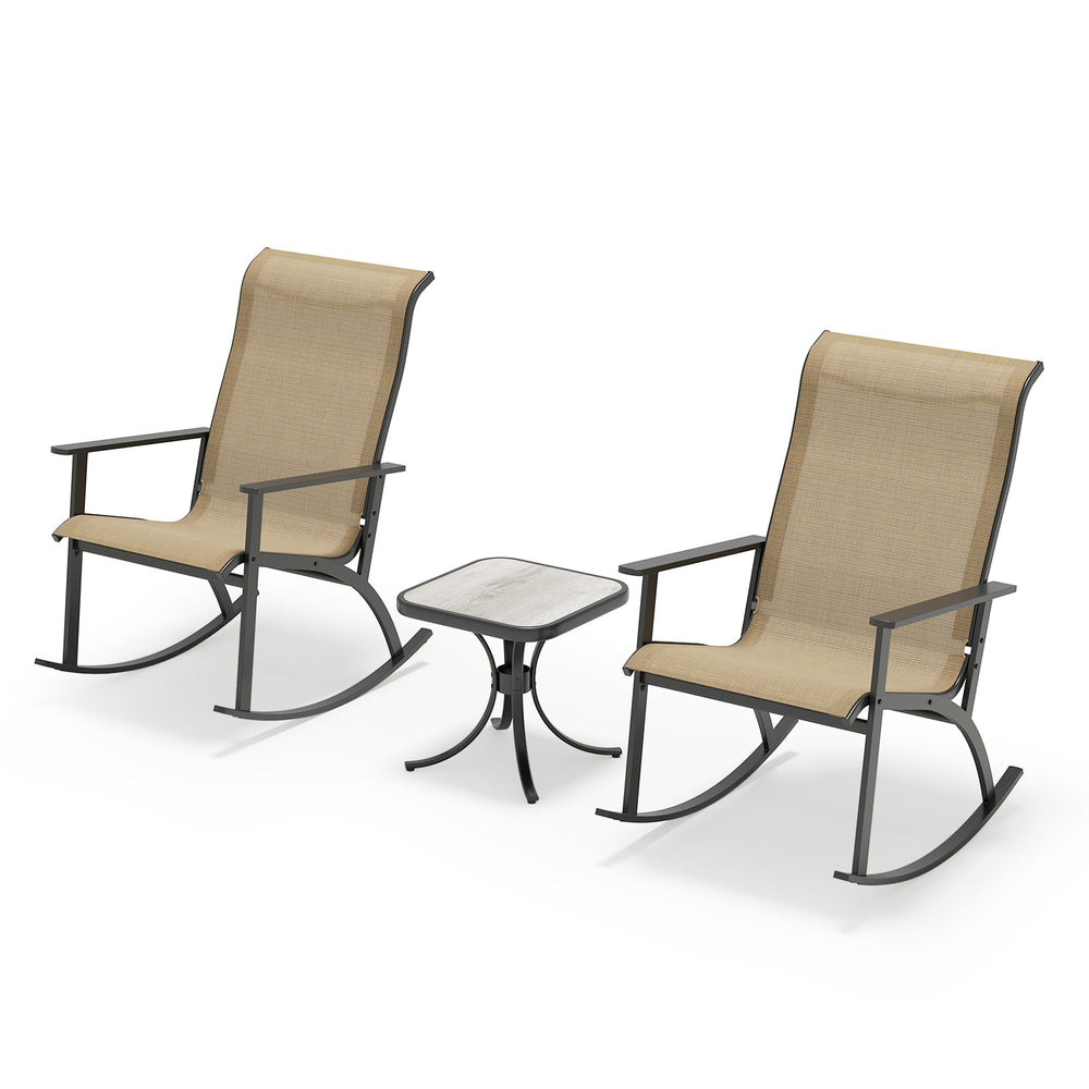 Heavy-duty rocking bistro chair with breathable fabric and sturdy metal frame, ideal for relaxing on the front porch.