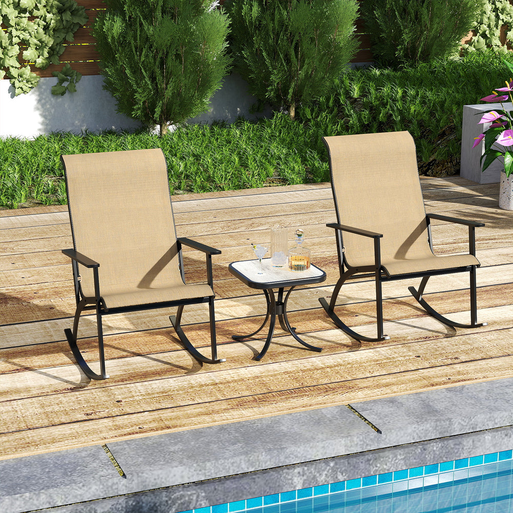 Heavy-duty rocking bistro chairs with anti-slip pads and high backrest, perfect for a relaxing outdoor balcony setting.