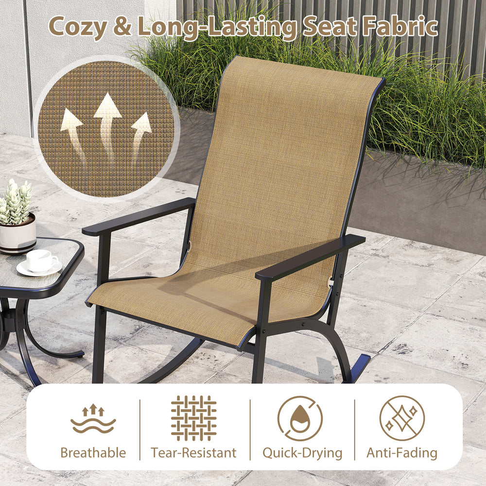 Single heavy-duty rocking chair with breathable fabric, high backrest, and sturdy metal frame for outdoor relaxation.