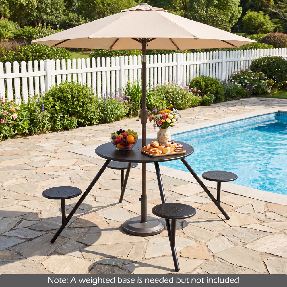 Round black picnic table for 4 with iron seats and umbrella hole, perfect for outdoor dining by the pool.