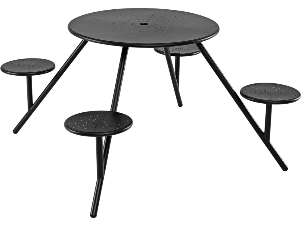 Round black picnic table for 4 with iron seats and umbrella hole, ideal for outdoor gatherings and dining.