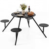 Round black picnic table for 4 with iron seats and umbrella hole, perfect for outdoor dining and gatherings.