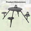 Heavy duty round picnic table with iron seats, dimensions shown, supports up to 330 lbs, ideal for outdoor gatherings.